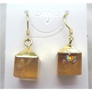 citrine cube earring, gold plated, approx 10-15mm