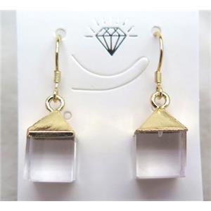 clear quartz earring, cube, gold plated, approx 10-15mm