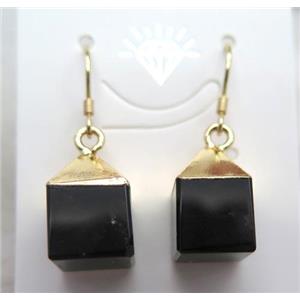 black agate earring, cube, gold plated, approx 10-15mm