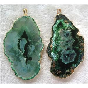green Agate druzy slice pendant, flat freeform, gold plated, approx 30-80mm