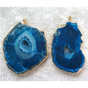 blue Agate druzy slice pendant, freeform, gold plated, approx 30-80mm