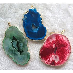mix Agate druzy slice pendant, freeform, gold plated, approx 30-80mm