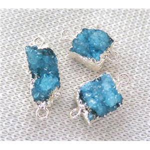 druzy quartz connector, blue, silver plated, approx 12-15mm