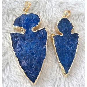 quartz arrowhead pendant, blue dye, gold plated, approx 40-60mm