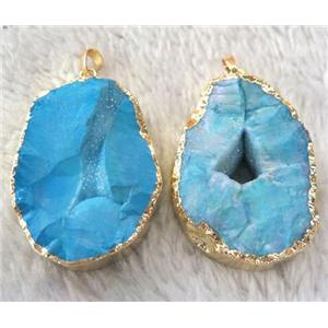Druzy Agate pendant, blue AB-color, freeform, rough, gold plated, approx 30-60mm