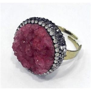 red druzy quartz ring paved rhinestone, copper, gold plated, approx 20-25mm, 20mm dia