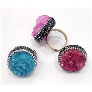 druzy quartz ring paved rhinestone, copper, gold plated, mix color, approx 20-25mm, 20mm dia
