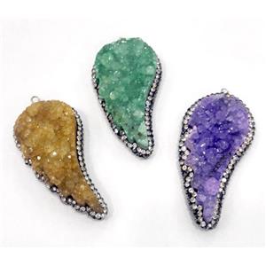 druzy quartz pendant paved rhinestone, wing, mix color, approx 25-50mm