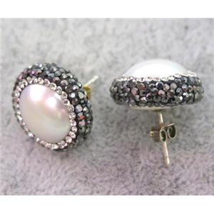white pearl sterling silver earring studs paved rhinestone, approx 15-18mm