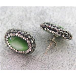 cats eye stone earring studs paved rhinestone, green, approx 15-18mm