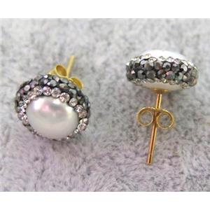 white pearl earring studs paved rhinestone, approx 10-14mm