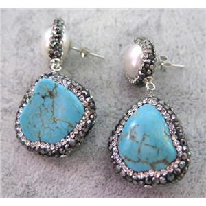 blue turquoise earring paved rhinestone, pearl, approx 15-25mm