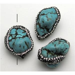 blue turquoise nugget beads paved rhhinestone, freeform, approx 12-22mm