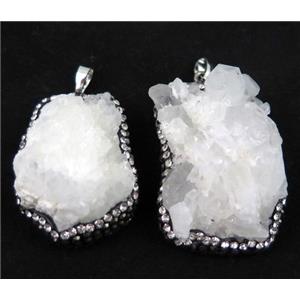 white druzy quartz pendant paved rhinestone, freeform, approx 25-45mm