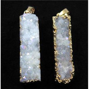 druzy quartz pendant, rectangle, white AB-color, gold plated, approx 10-40mm
