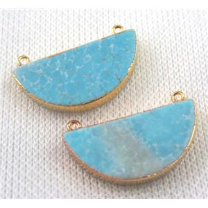 blue turquoise pendant with 2holes, half round, gold plated, approx 12-25mm