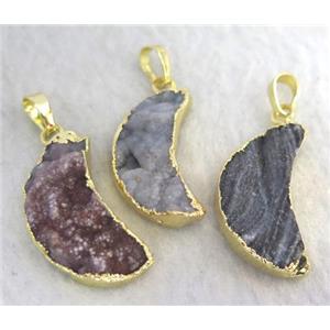 sun agate druzy pendant, moon shape, gold plated, approx 12-28mm