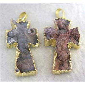 sun agate druzy cross pendant, gold plated, approx 22-35mm