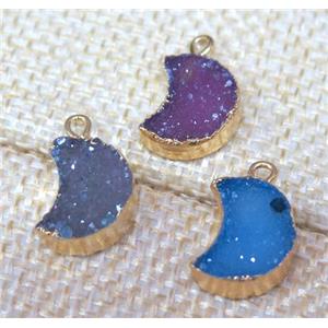agate druzy moon pendant, mix color, gold plated, approx 10-12mm