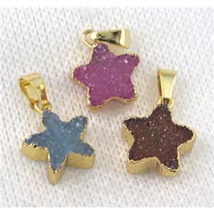agate druzy star pendant, mix color, gold plated, approx 10-12mm