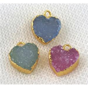 agate druzy heart pendant, mix color, gold plated, approx 10-12mm