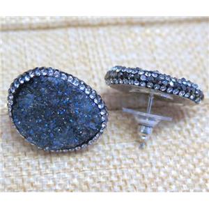 druzy agate earring studs, gray-blue, copper, platinum plated, approx 15-20mm