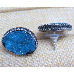 blue druzy agate earring studs, copper, platinum plated, approx 15-20mm