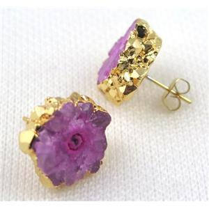 hotpink Solar Quartz druzy earring studs, copper, gold plated, approx 15-20mm