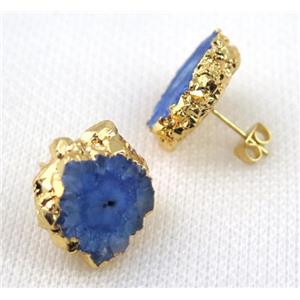 blue Solar Quartz druzy earring studs, copper, gold plated, approx 15-20mm