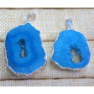 blue druzy agate slice pendant, freeform, silver plated, approx 20-40mm