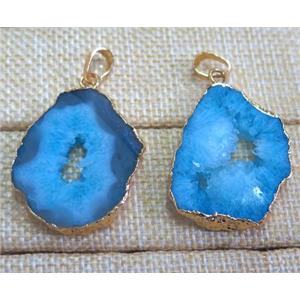 blue druzy agate slice pendant, freeform, gold plated, approx 20-40mm