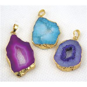 mix druzy agate slice pendant, freeform, gold plated, approx 20-40mm