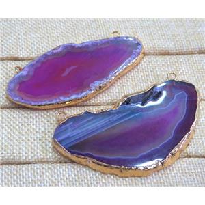 hotpink agate slice pendant with 2loops, freeform, gold plated, approx 20-60mm