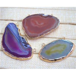 agate slice pendant with 2loops, mix color, freeform, gold plated, approx 20-60mm