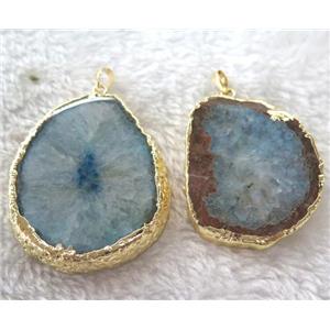 blue druzy agate slice pendant, freeform, gold plated, approx 20-50mm