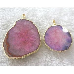 pink druzy agate slice pendant, freeform, gold plated, approx 20-60mm