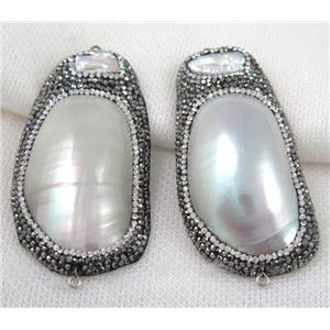 white Pearl shell connector paved rhinestone, freeform, approx 30-70mm