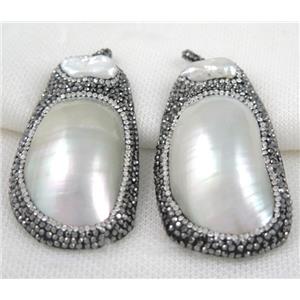 white Pearl shell pendant paved rhinestone, freeform, approx 30-70mm