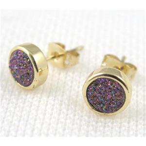 rainbow agate druzy earring stud, copper, gold plated, approx 8mm, 16mm length