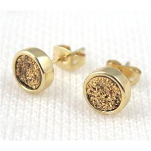 golden druzy agate earring studs, copper, gold plated, approx 8mm, 16mm length