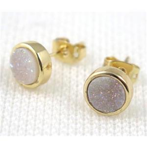 white AB-color druzy agate earring studs, copper, gold plated, approx 8mm, 16mm length
