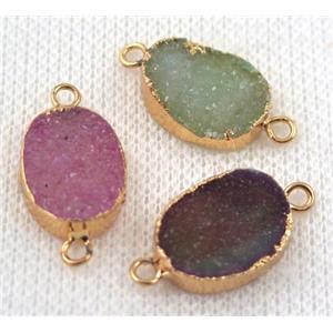 druzy agate connector paved rhinestone, oval, mix color, gold plated, approx 12-16mm