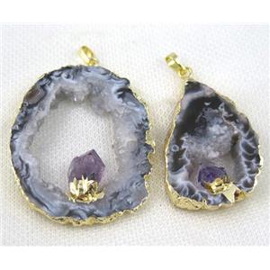 Agate Druzy slice pendant with amethyst, freeform, gold plated, approx 20-40mm