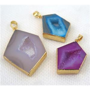 druzy agate pendant, freeform, geode, mix color, gold plated, approx 20-40mm