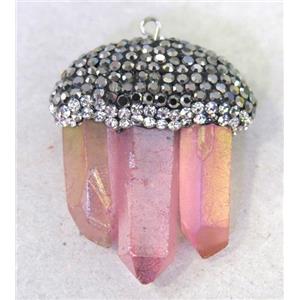 Crystal Quartz stick pendant paved rhinestone, pink, approx 12-40mm