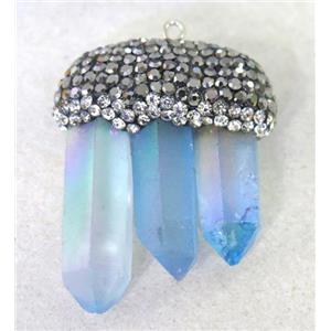 crystal quartz stick pendant paved rhinestone, blue, approx 12-40mm