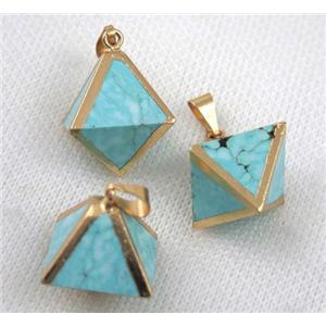 blue turquoise pendant, diamond shape, gold plated, approx 20mm