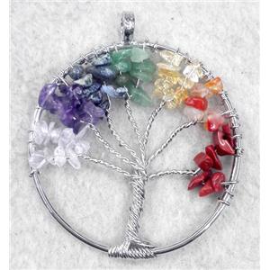 Gemstone Chips Chakra Pendant Tree Of Life Wire Wrapped Platinum Plated, approx 45mm dia