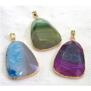 agate pendant, mix color, faceted teardrop, gold plated, approx 30-40mm
