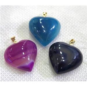agate pendant, mix color, heart, gold plated, approx 25mm dia